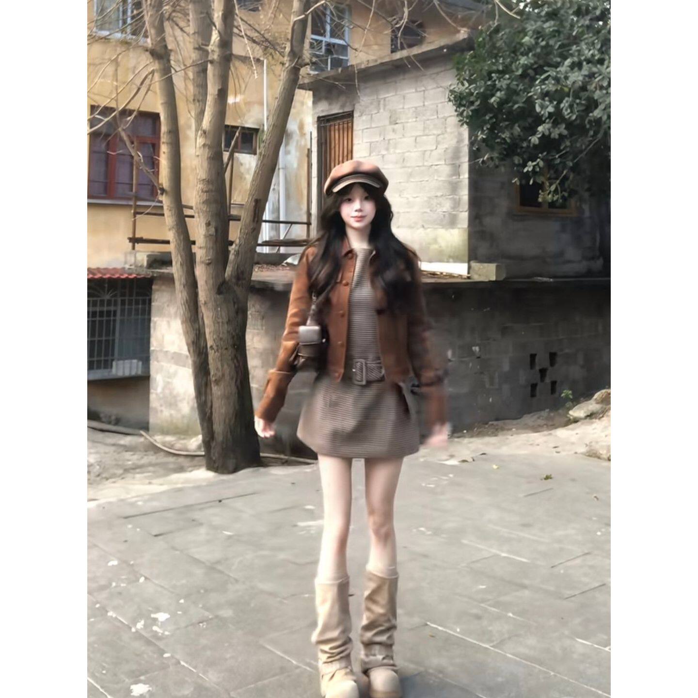 复古气质两件套翻领短款外套+条纹无袖背心裙套装女韩系穿搭