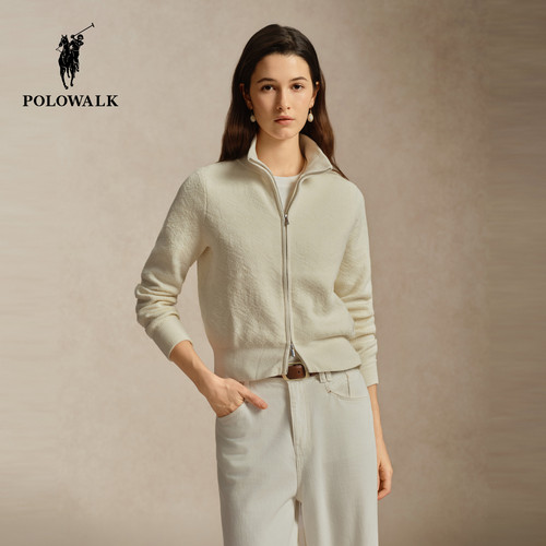 POLOWALK女式长袖针织衫2026秋季新品半高领显瘦纯色拉链百搭开衫
