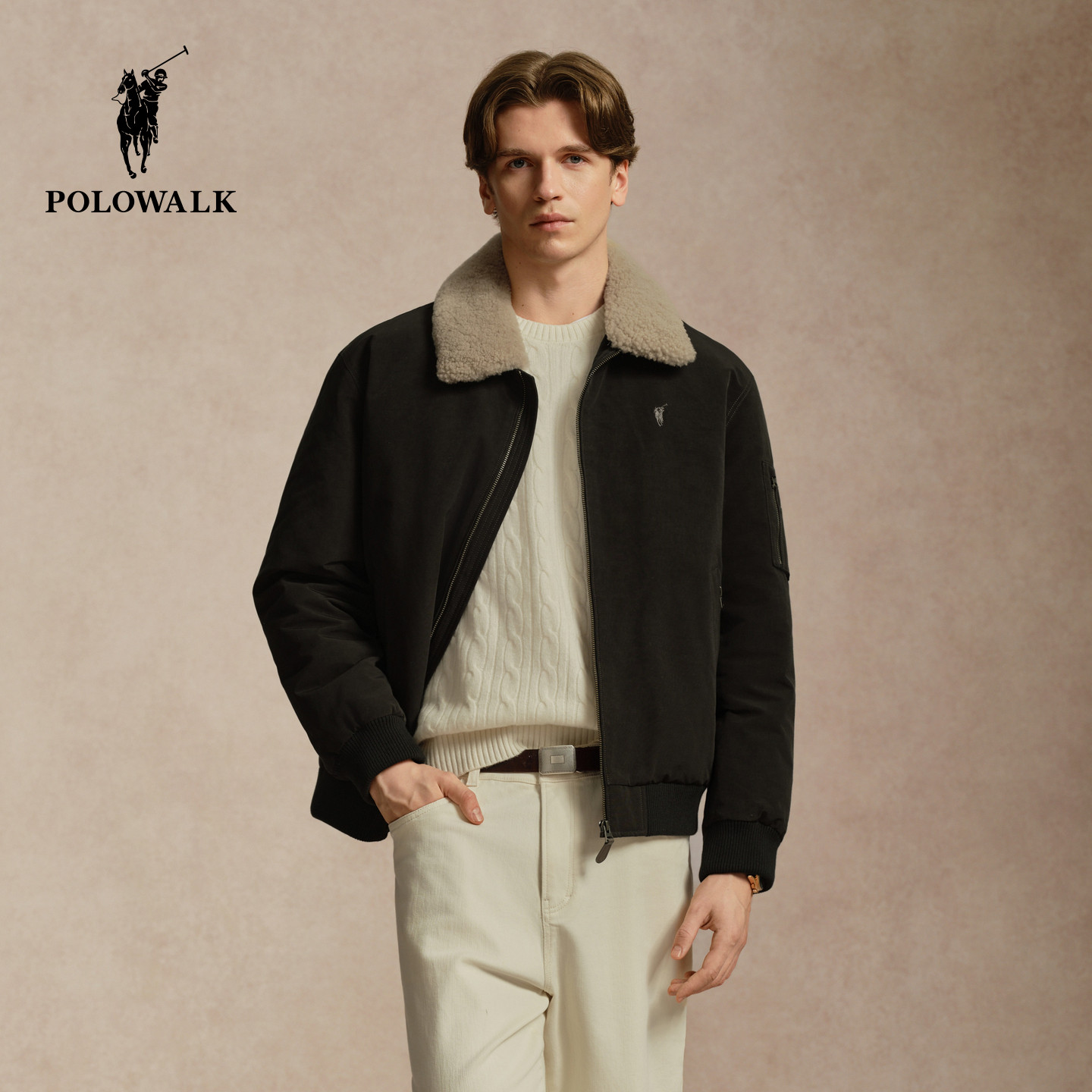 【90鸭绒】POLOWALK男式羽绒服2026冬季仿羊羔绒翻领飞行夹克外套