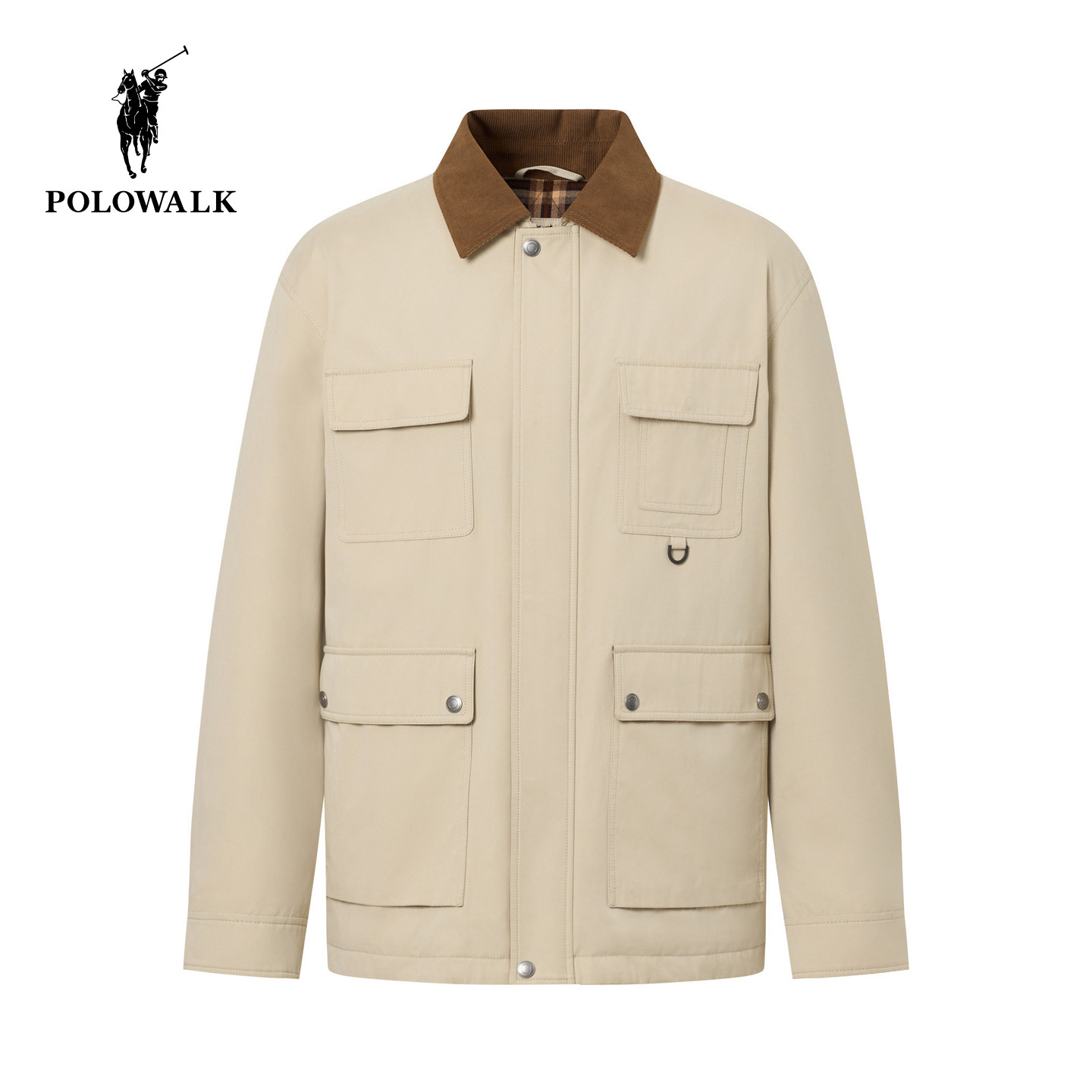 POLOWALK男式外套2026冬季新品撞色复古灯芯绒翻领多口袋薄绒棉服