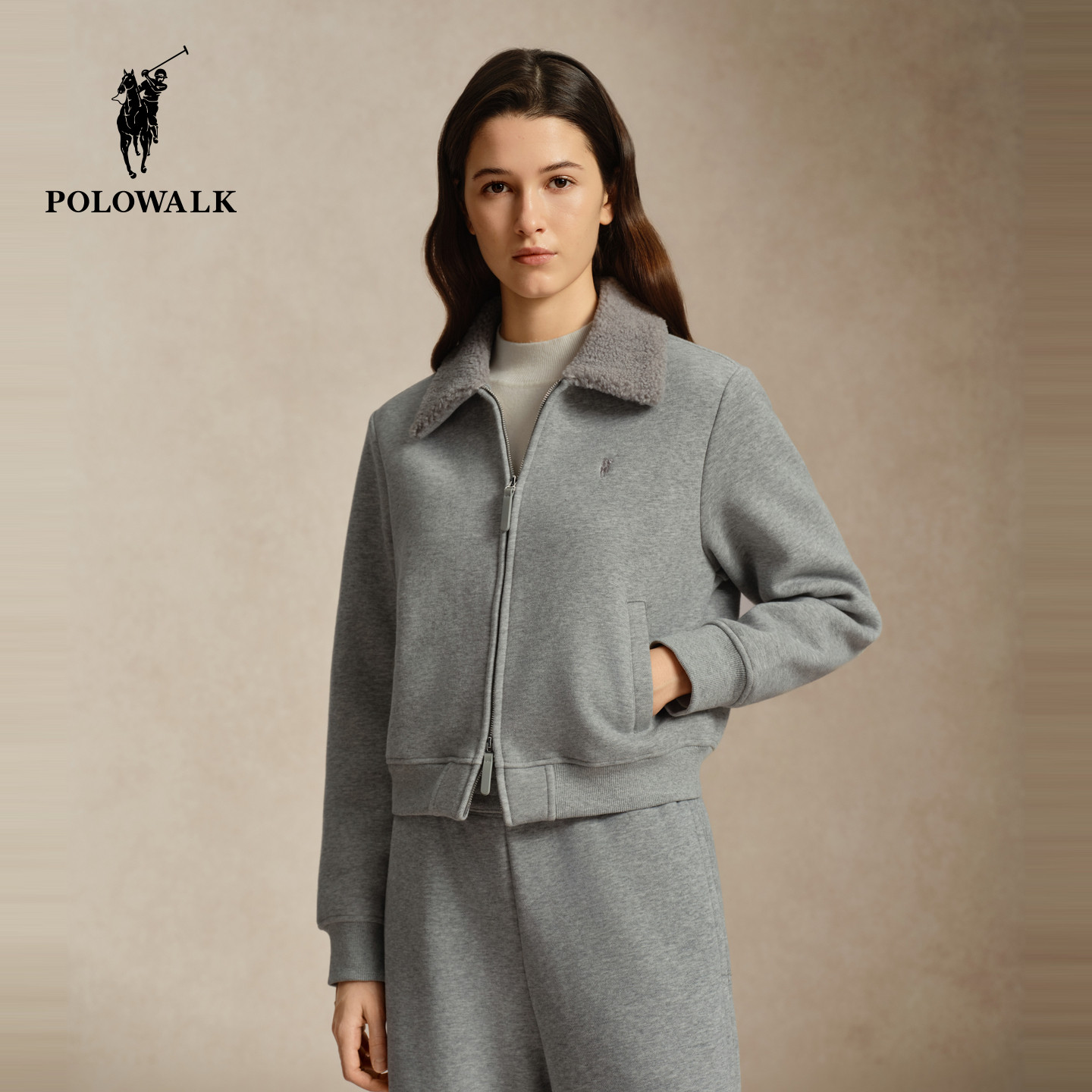 【套装】POLOWALK女式卫衣2026冬季新品翻领加绒修身开衫短外套