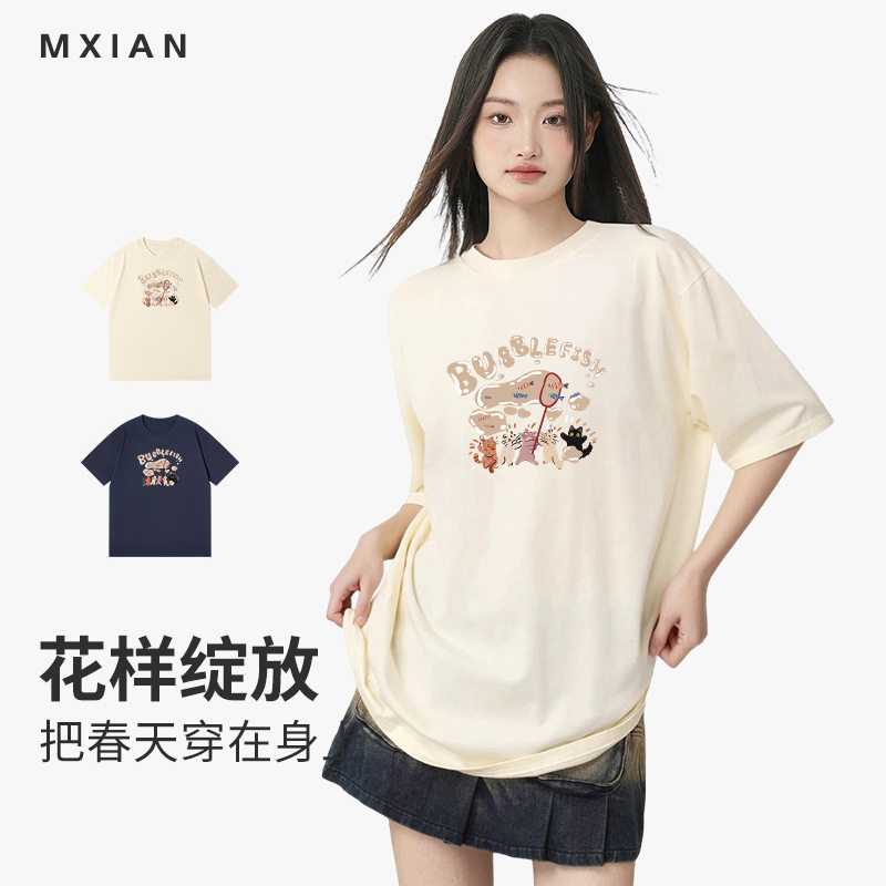 新款日系港味chic卡通半截袖男夏季宽松韩版印花纯棉女短袖t恤女