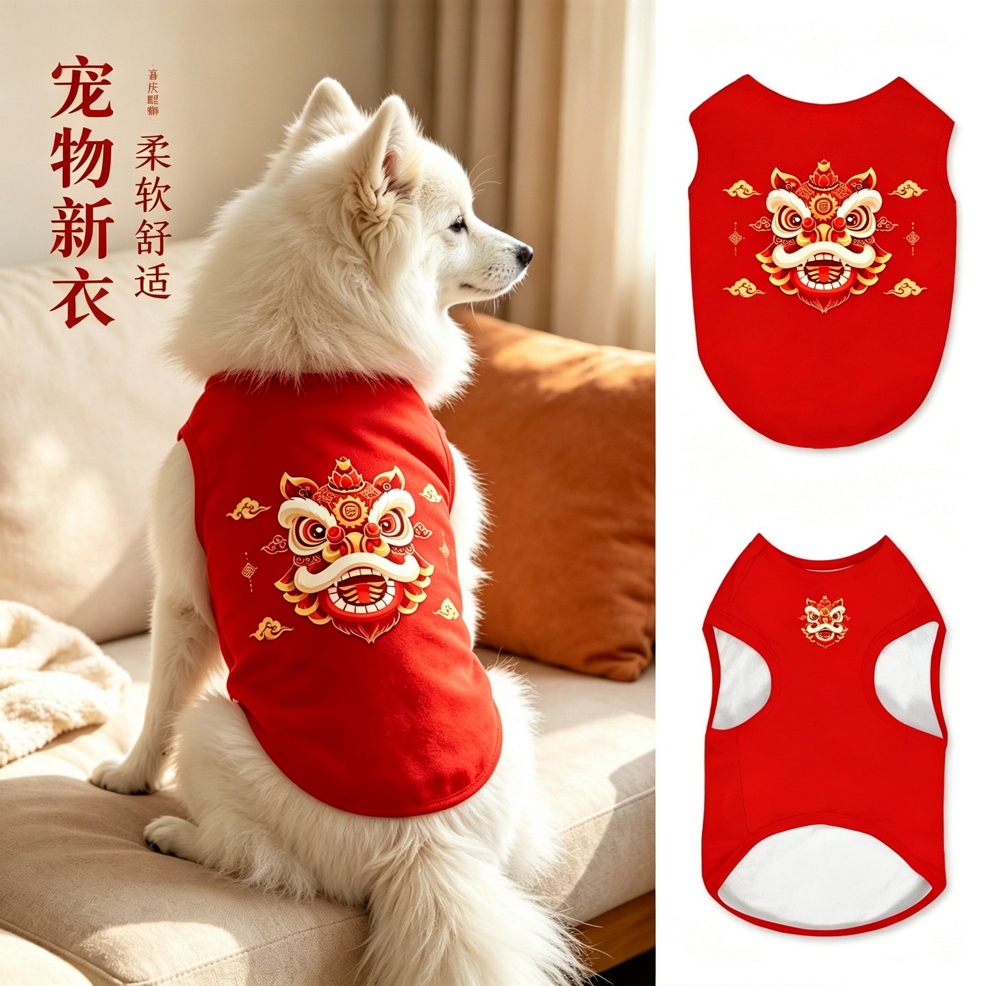 2027羊年过年大红色春节醒狮宠物背心大中小型猫咪狗狗衣服防掉毛