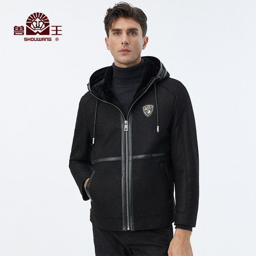 兽王羊毛皮连帽休闲保暖大衣连帽