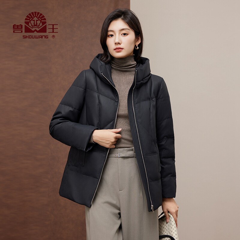兽王2025新款秋冬款绵羊皮连帽羽绒服女款