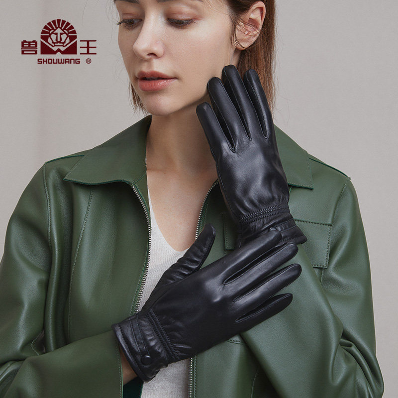 兽王 秋冬新款机车防风绵羊皮女真皮保暖加绒加厚骑行触屏防风