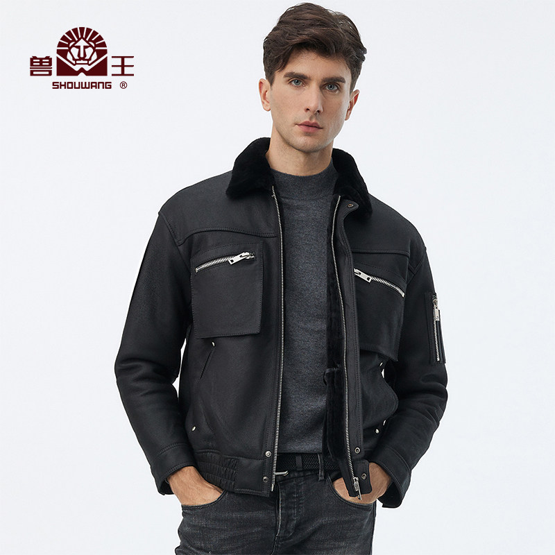 兽王 冬季新款男士羊毛皮真皮皮衣皮毛一体皮草大衣翻领外套