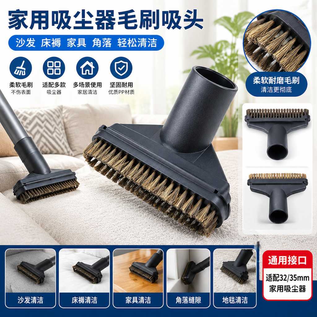 适配飞利浦美的海尔吸尘器吸头配件毛刷头椭圆刷窗帘吸 内径32mm