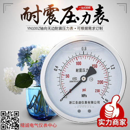 YN100Z耐震压力表轴向无边背接式油气水压真空表M20*1.5 1/2 圣迪