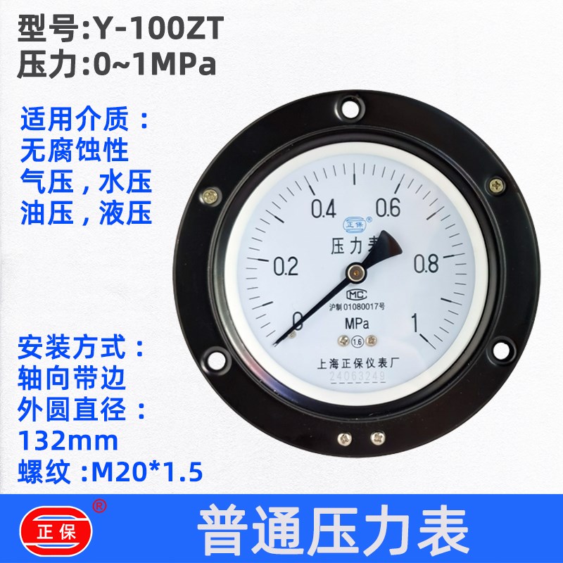 上海正保仪表厂Y-100ZT 轴向带边气压水压蒸汽压力表 1MPA