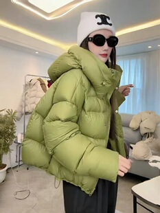 绿色羽绒服女短款2025冬季新款90白鸭绒泡芙龟背小个子面包服外套