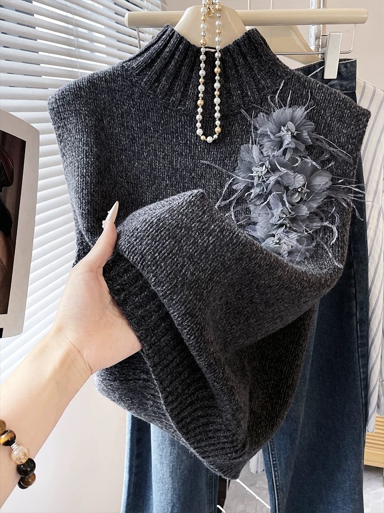 2025年冬轻熟宽松慵懒风立体花朵毛衣背心女灰色精致无袖高领马甲