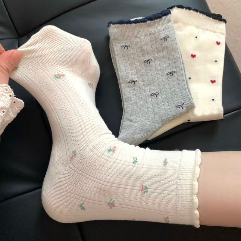 袜子女秋冬季薄款奶油小花爱心中筒袜吸汗透气蝴蝶结潮简约百搭