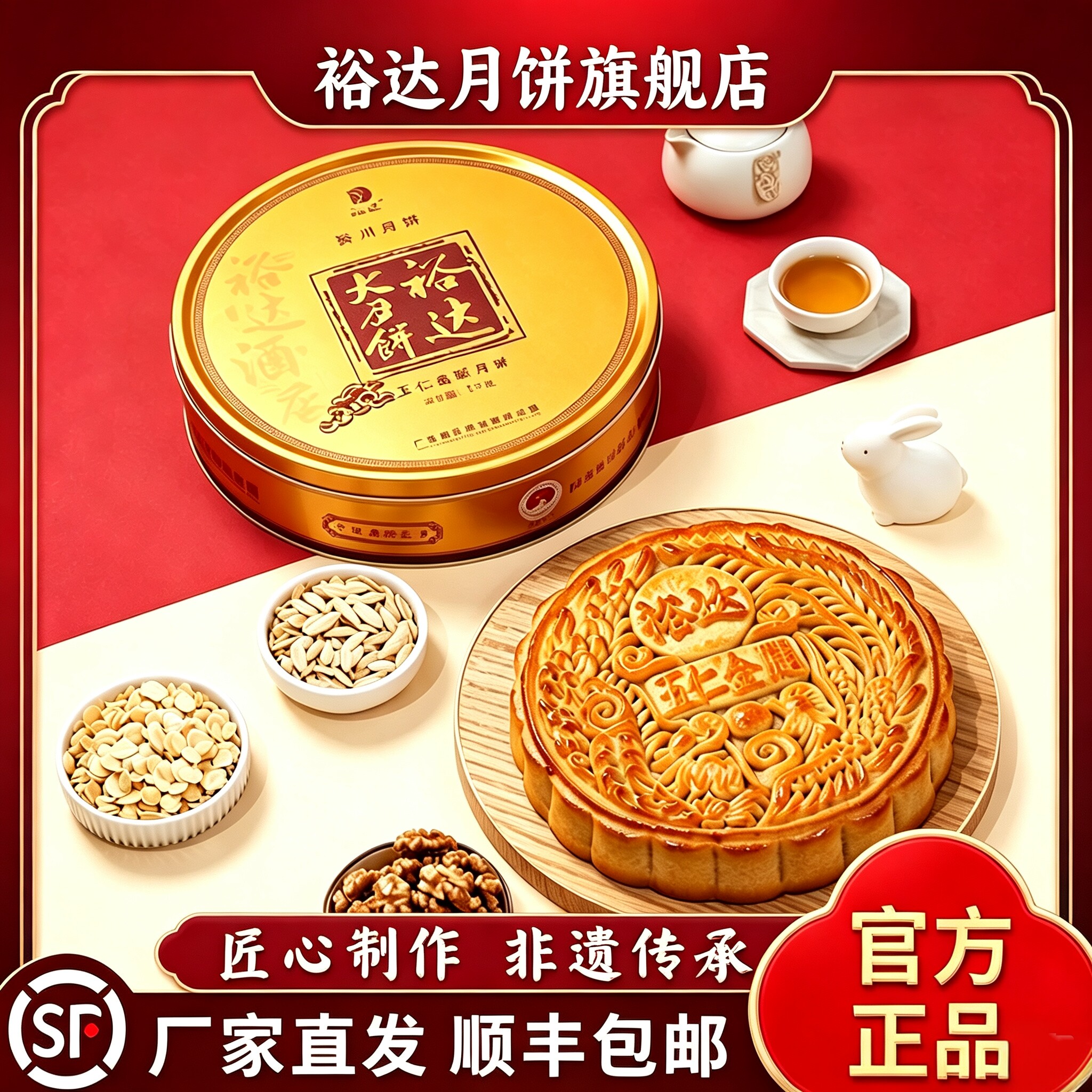 裕达月饼广式五仁金腿月饼中秋送礼员工福利二斤五仁大月饼礼盒装