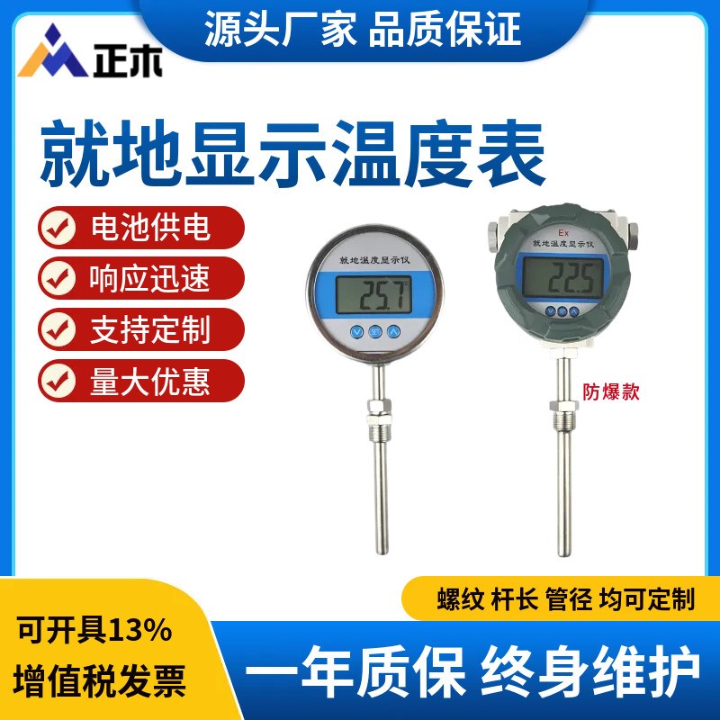 高精度插入式就地显示温度表 一体化防爆温度计PT100电池供电