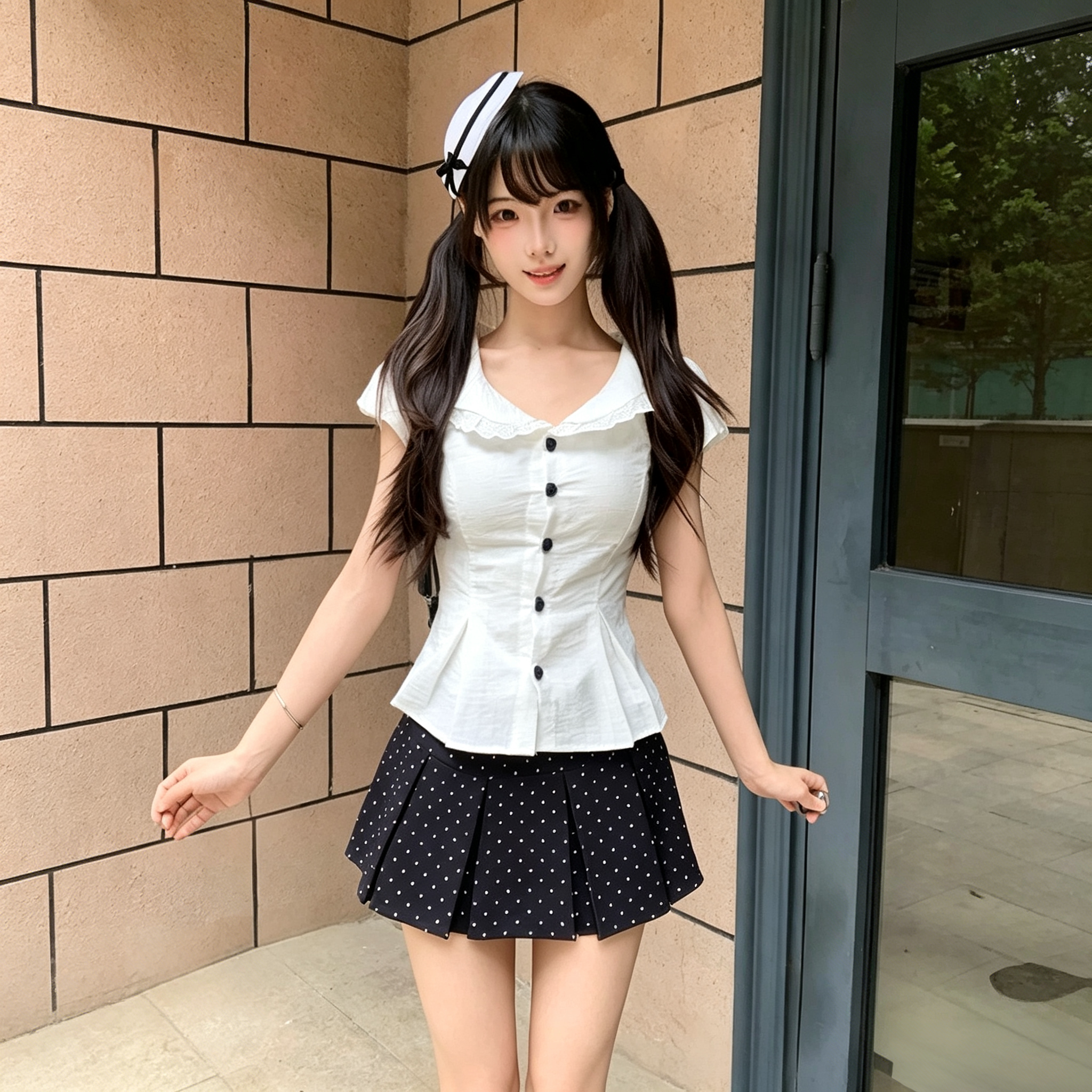 夏季纯欲辣妹高腰波点衬衫短裙套