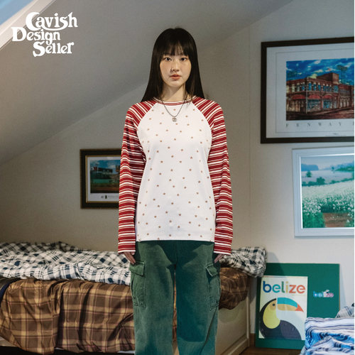 CAVISH条纹星星插肩袖长袖T恤女韩系复古撞色星星印花休闲打底衫