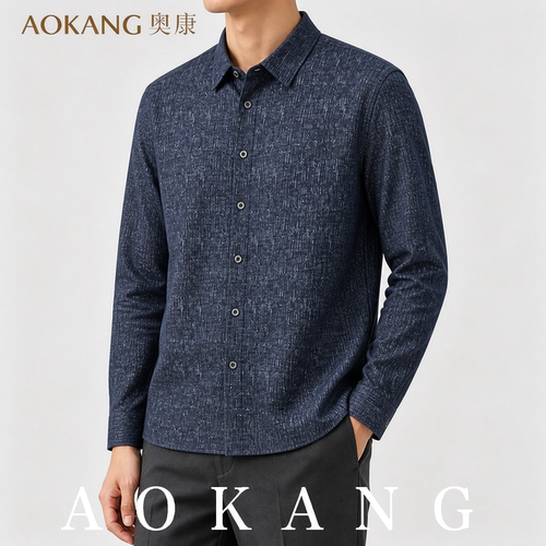 AOKANG奥康秋季男士翻领复古时尚条纹长袖百搭休闲通勤上衣衬衫