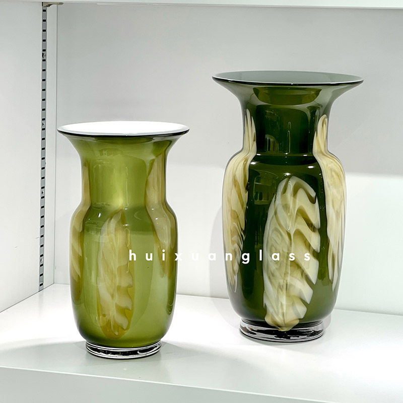 中古手工琉璃花瓶复古晕染黄绿条纹艺术家居软装器皿新中式设计