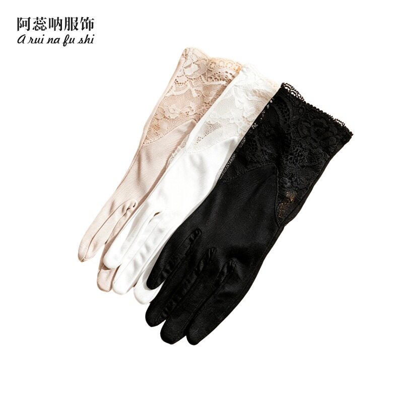 真丝蕾丝防晒手套女夏季开车触屏五指透气袖套礼仪睡眠服饰批发