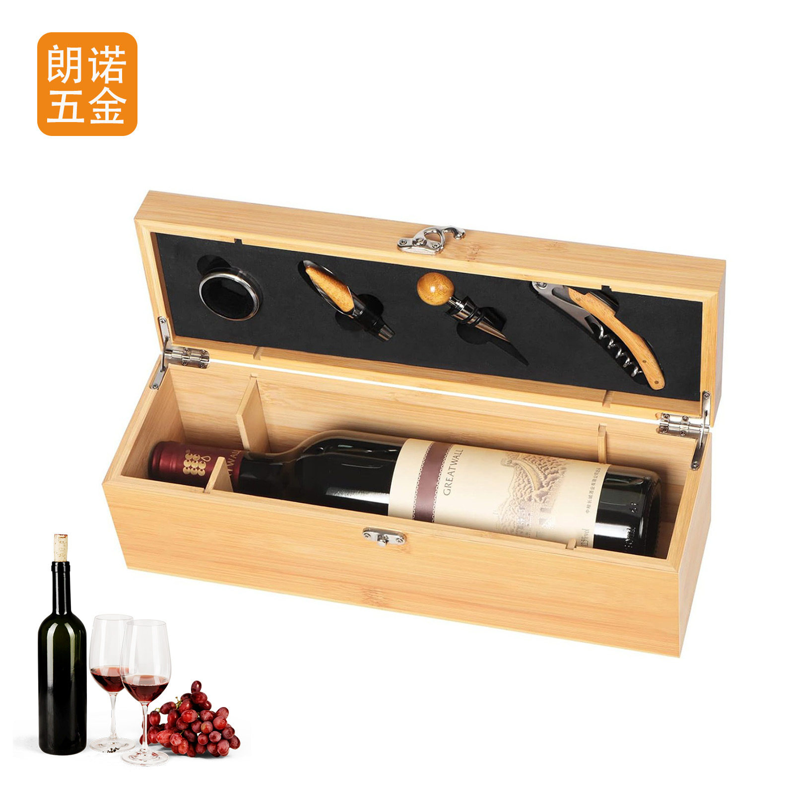 厂家直销开瓶器套装竹制红酒单支酒盒酒具四件套创意竹木红酒箱