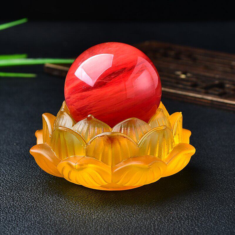 天然水晶黄色琉璃莲花摆件球座球托家居客厅桌面创意摆设