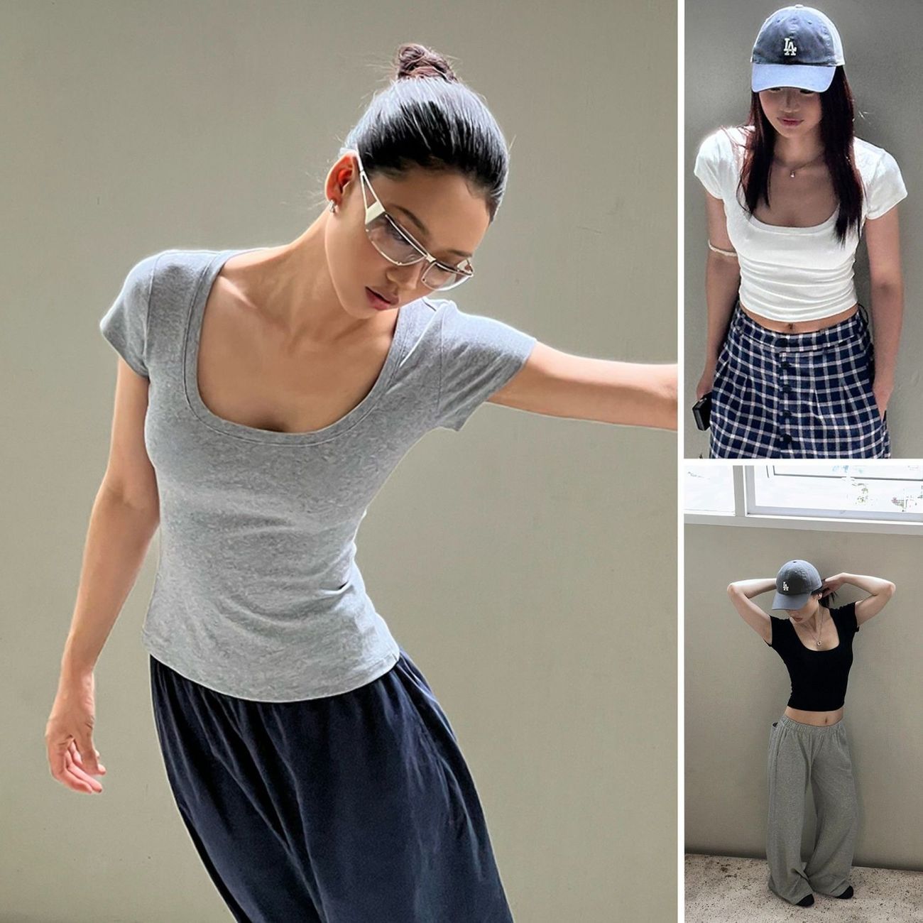 U领弹力修身短袖T恤女夏季新款显瘦欧美大圆领纯色百搭上衣