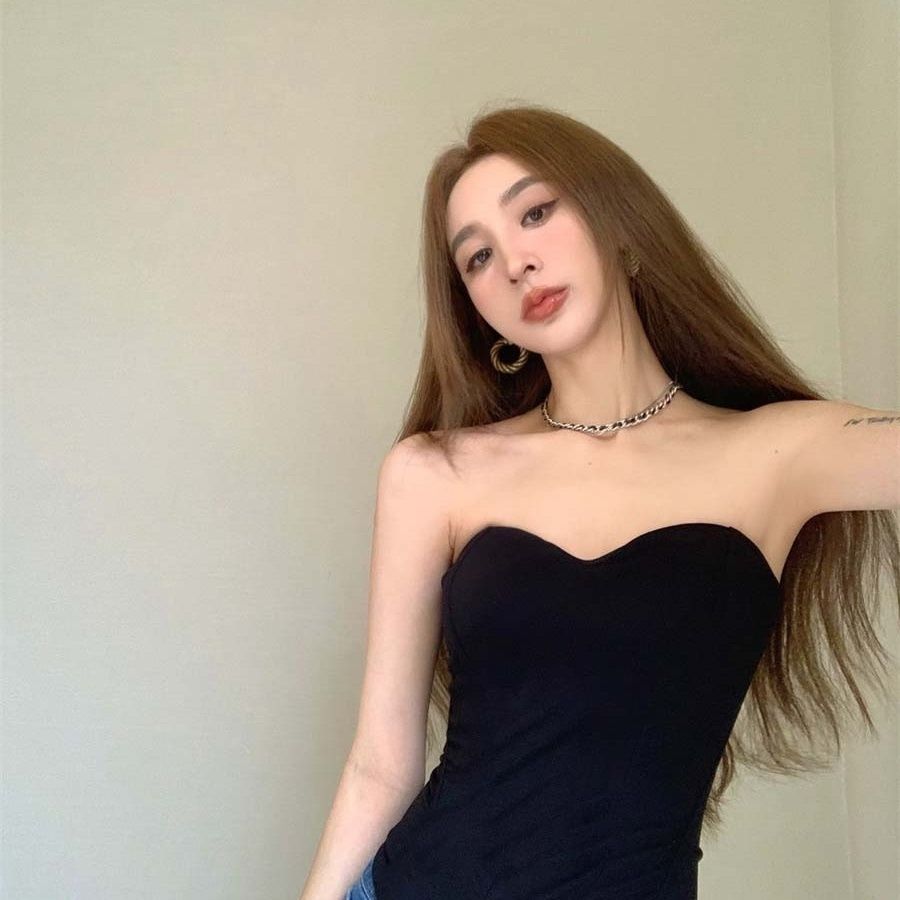 美式辣妹黑色设计感鱼骨抹胸背心女夏季纯欲性感紧身收腰裹胸上衣