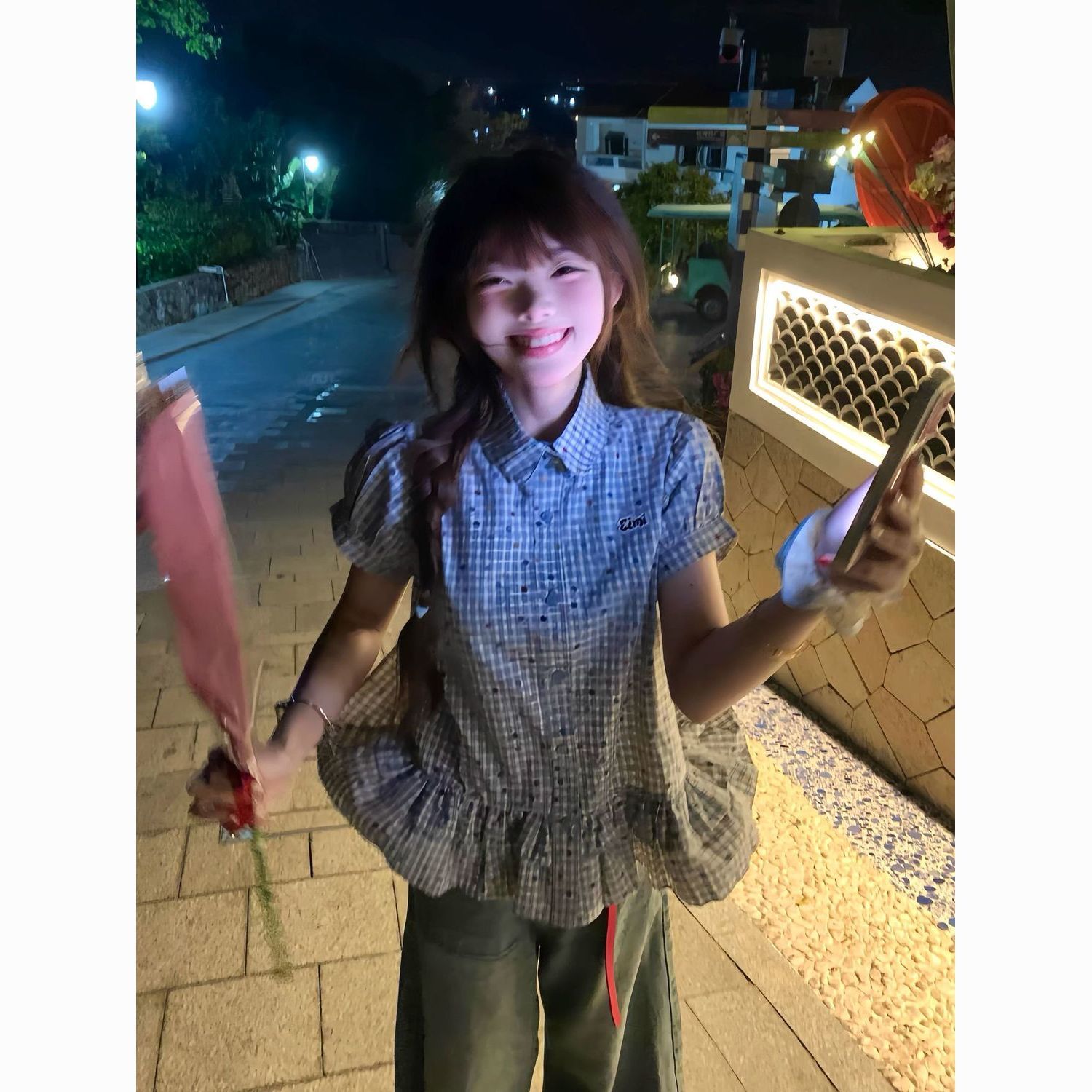 韩系彩点荷叶边格纹POLO领短袖衬衫女夏季学院风收腰显瘦漂亮上衣