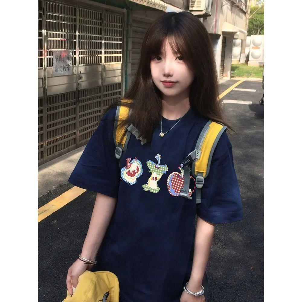 美式藏青色圆领短袖t恤女大童夏季初中高中学生体恤宽松半袖上衣