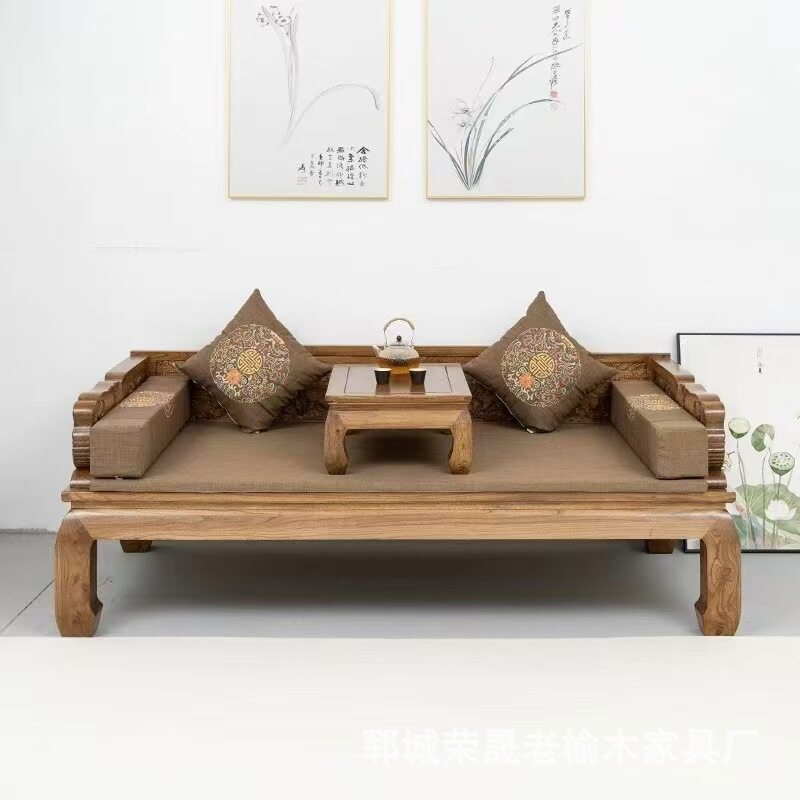 老榆木罗汉床中式仿古榫卯罗汉榻客厅家具沙发床大象雕刻美人床榻