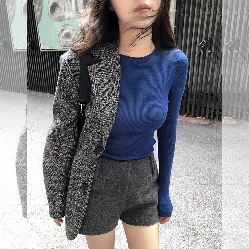韩系漂亮蓝色针织打底衫女修身气质巨好看的早秋上衣2026新款毛衣