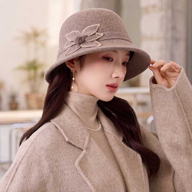 法式优雅盆帽秋冬天中老年妈妈帽高品质羊毛帽子女款显脸小渔夫帽