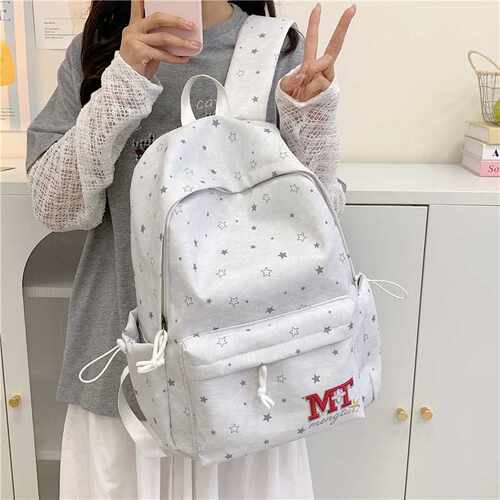 美式复古星星印花双肩包女初高中学生书包大容量简约旅行轻便背包