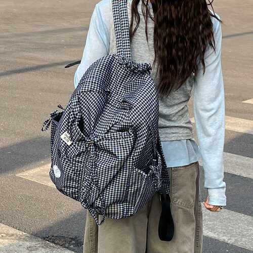 韩系格纹双肩包女2026新款潮大容量轻便学生书包慵懒百搭通勤背包
