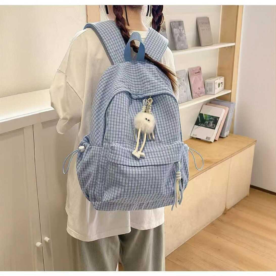 格子双肩包女学生韩版ins风可爱大容量书包轻便旅行背包少女心