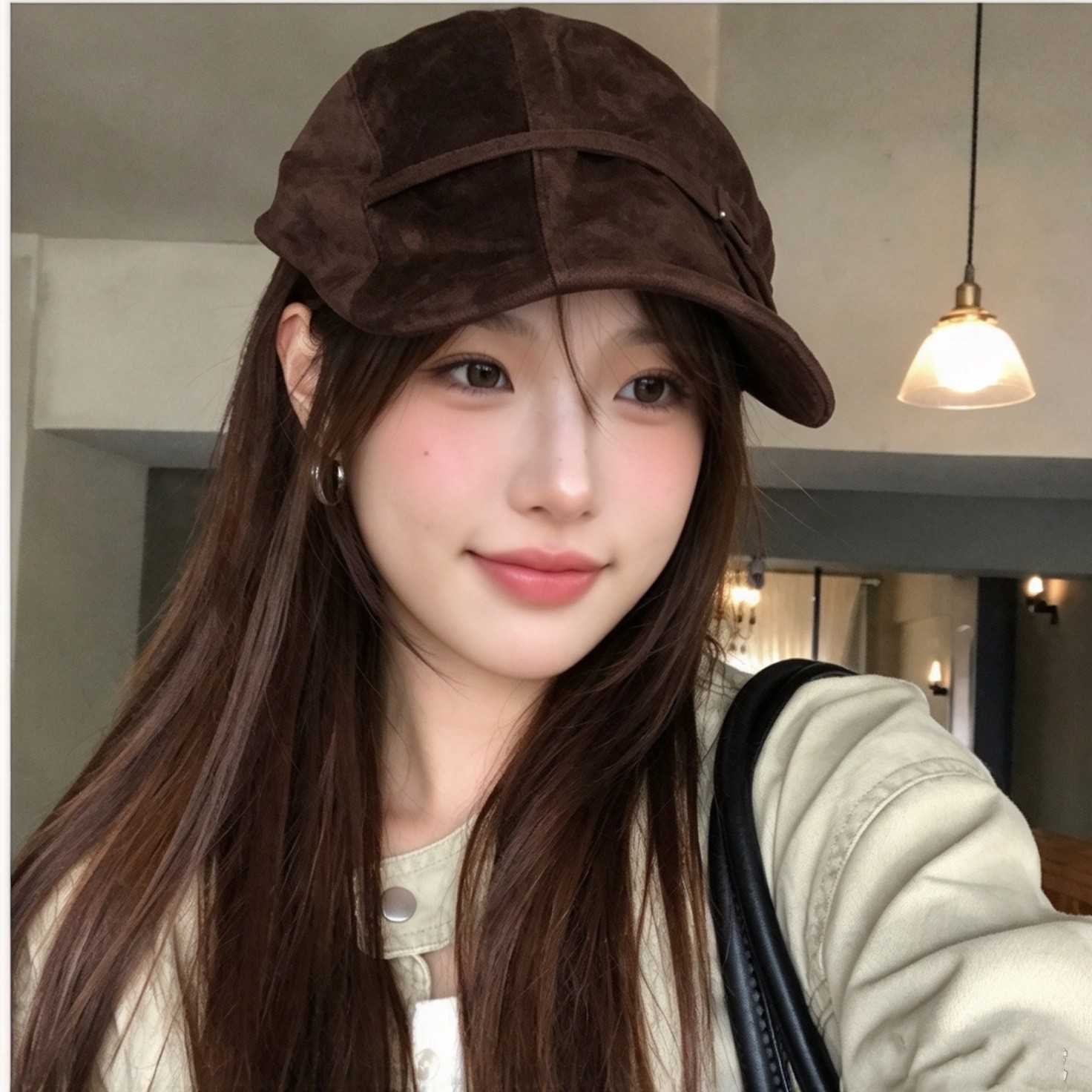 美拉德风麂皮绒面绑带前进帽子女款高级感咖啡色鸭舌帽遮阳贝雷帽