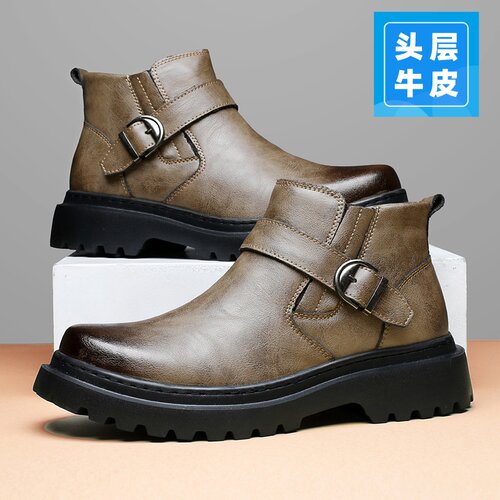 男士头层牛皮厚底切尔西靴