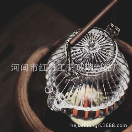 日式兰莲花玻璃煮水壶煮茶壶烧水壶鹤首菊筋纹锤纹提梁壶