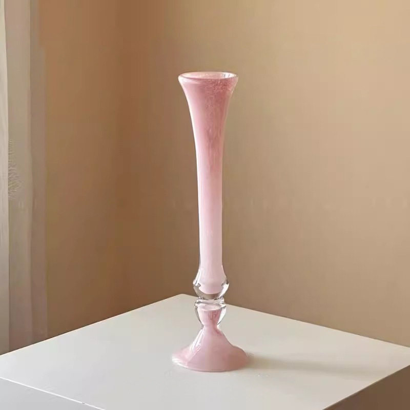 轻奢细长高脚粉色玻璃琉璃情绪稳定花瓶高级设计感小众中古风摆件图片