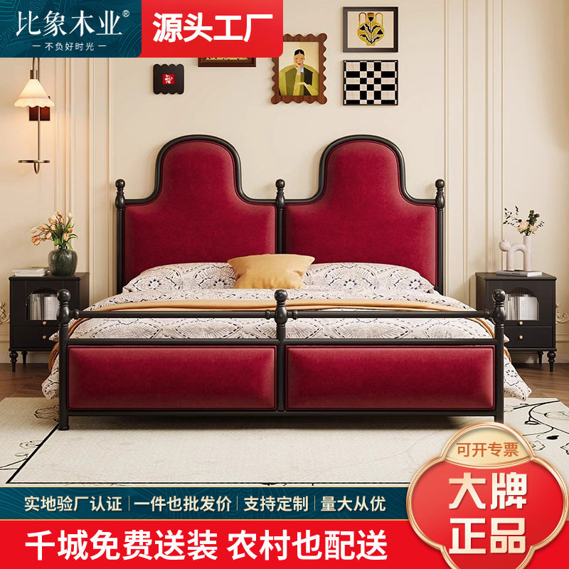 中古风绒布布皮艺床红色法式复古风主卧床1.8m双人床高箱储物软床