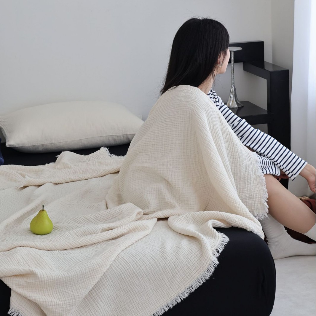 美拉德色系四层纱全棉纯棉毯子流苏毯沙发盖毯办公室毛毯午睡毯