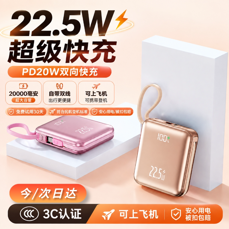 3C认证充电宝22.5W双向超级快充20000毫安自带线迷你小巧便携