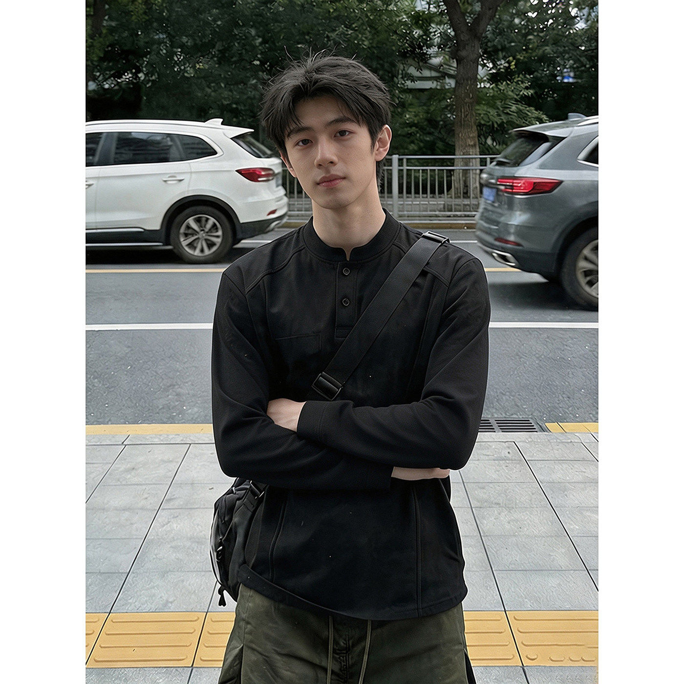 美式亨利领重磅长袖t恤男款