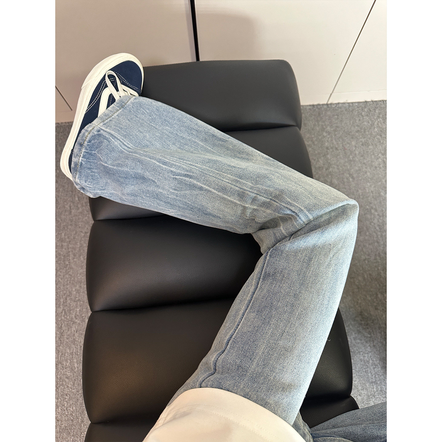 蓝色闪电纹弯刀牛仔裤男款高街显瘦微喇裤子cleanfit修身直筒长裤