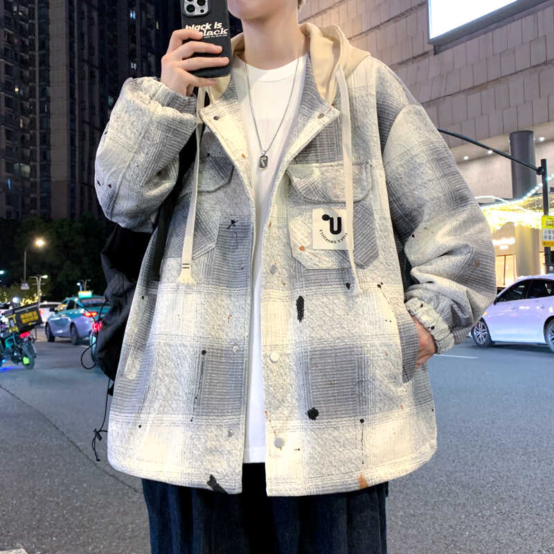 工装格子外套男款春秋季2
