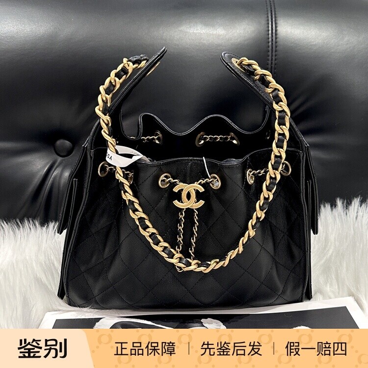 壹所奢品/香奈儿 25bag 小号 黑金荔枝牛皮 单肩包HOBO 25 XZ