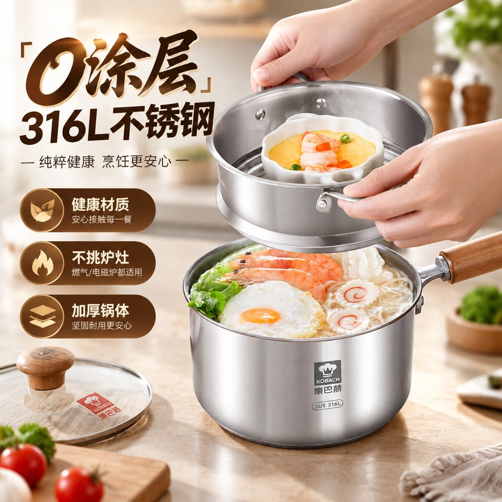 康巴赫316L不锈钢奶锅婴儿专用官方辅食锅煎蒸煮一体加深汤锅蒸锅