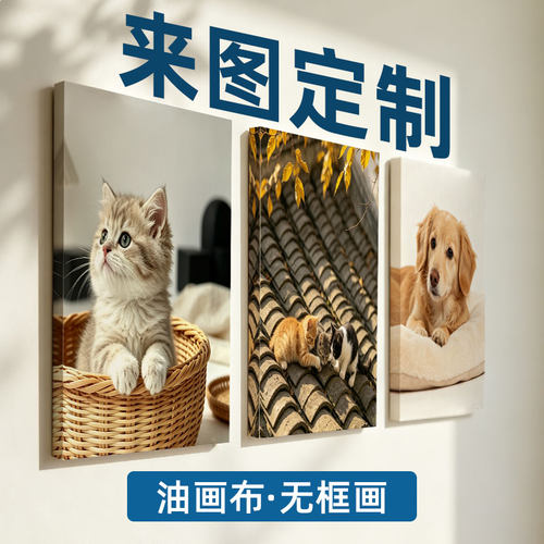 无框画定制油画布装饰画现代简约动物猫咪狗狗客厅卧室定做挂画