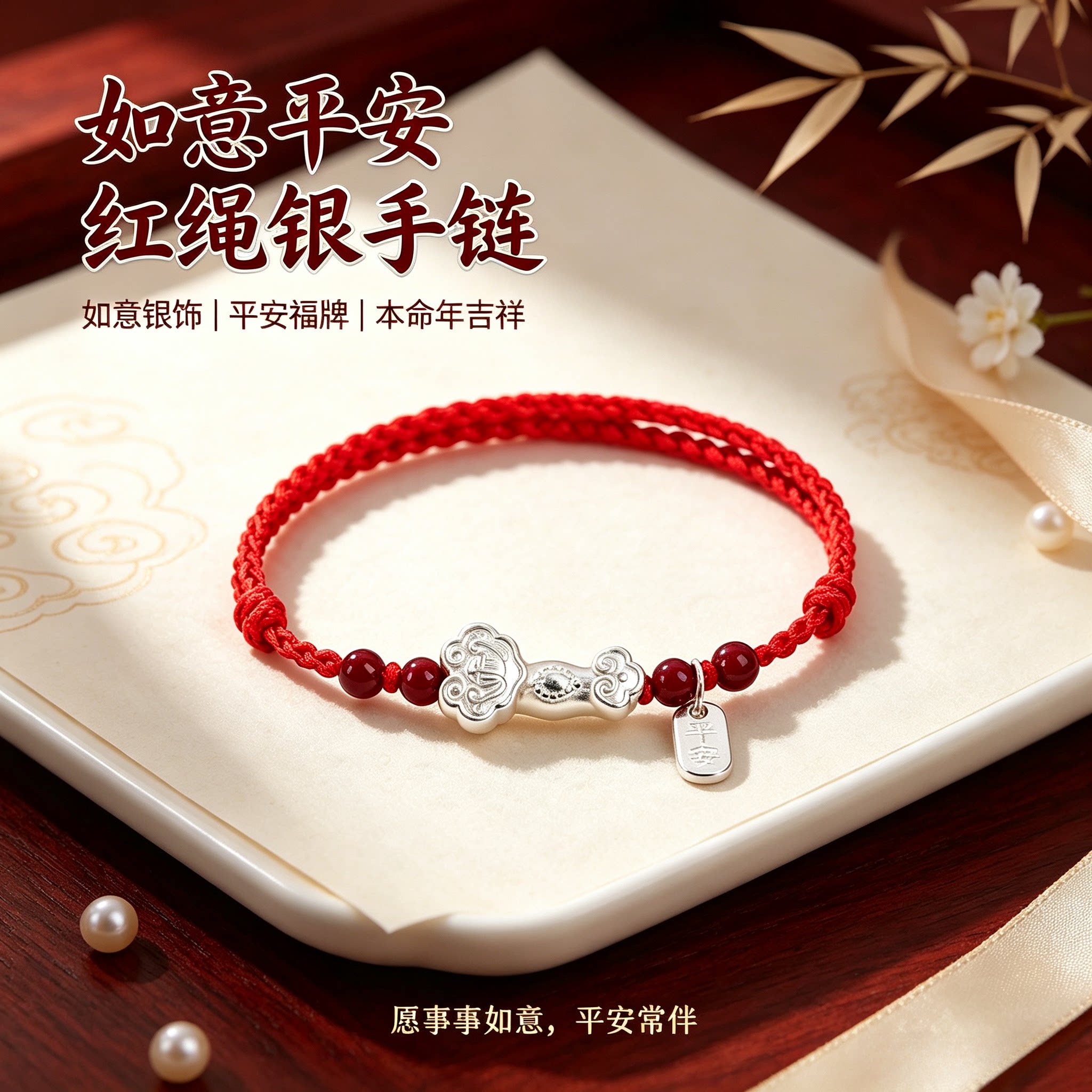 【假一赔十】足银999如意平安红绳手链 本命年手工编织送女友礼物